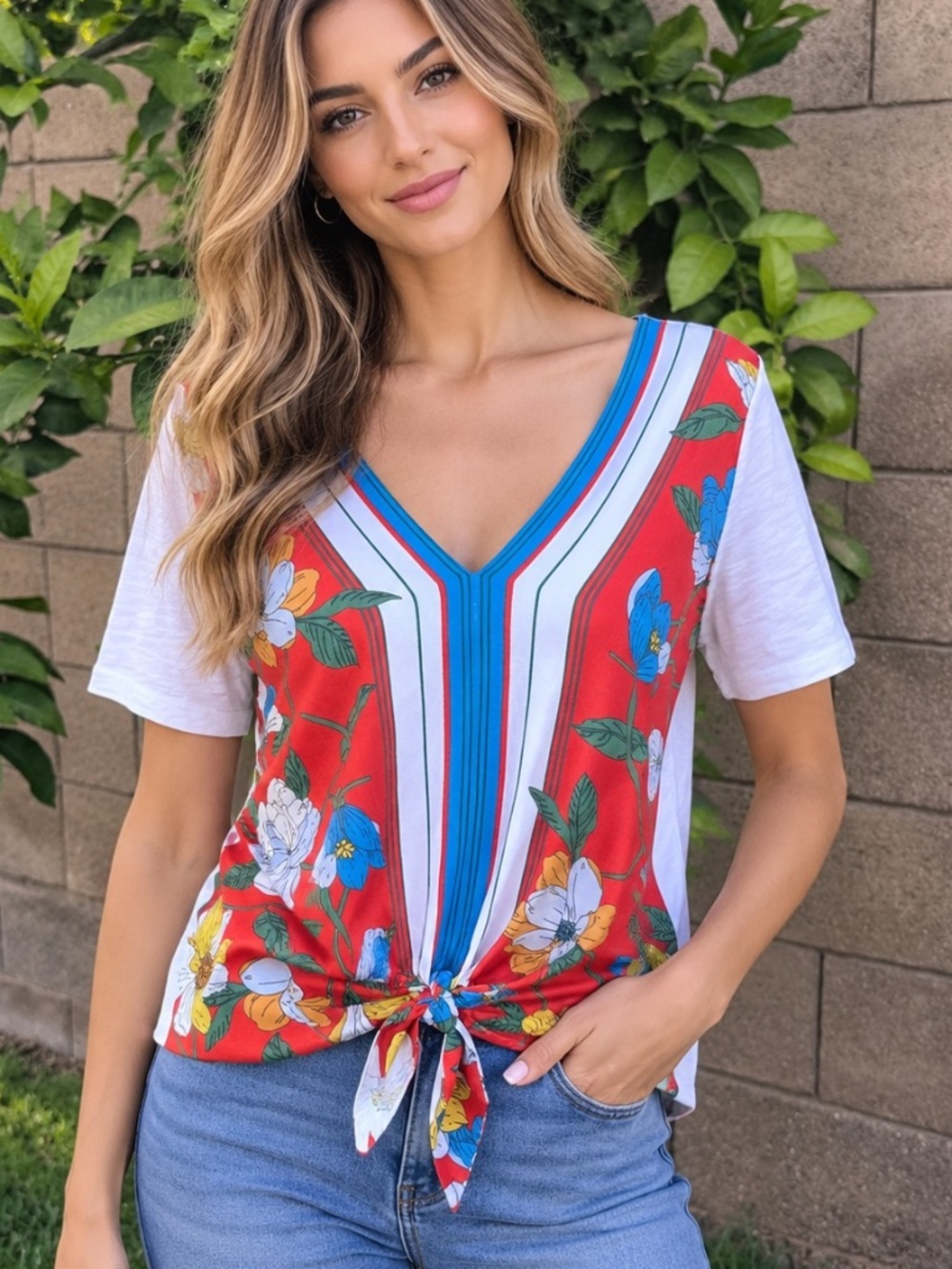 Anthropologie Akemi & Kin Floral Tee V-Neck Tie Front Short Sleeve Shirt Sz SP